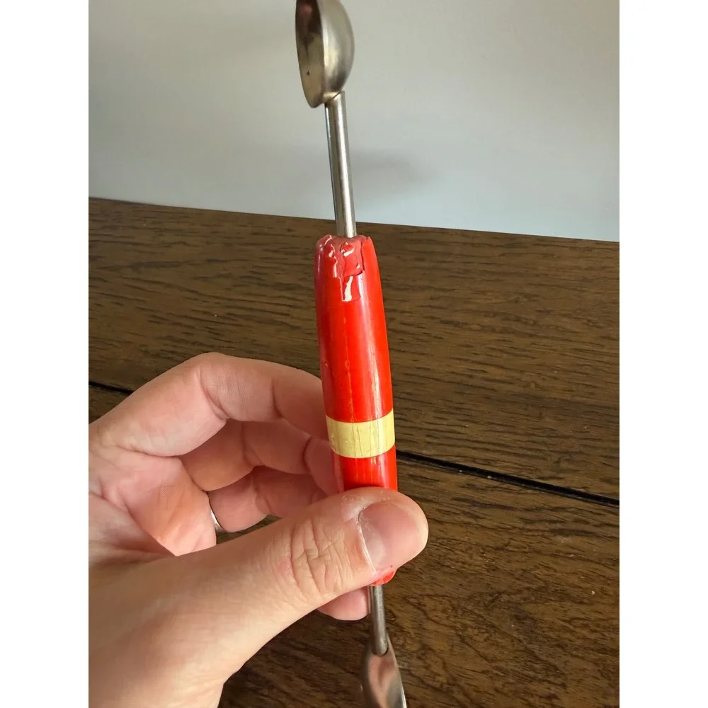 Vintage Double Sided Wood Handle Melon Baller Kitchen Tool Red